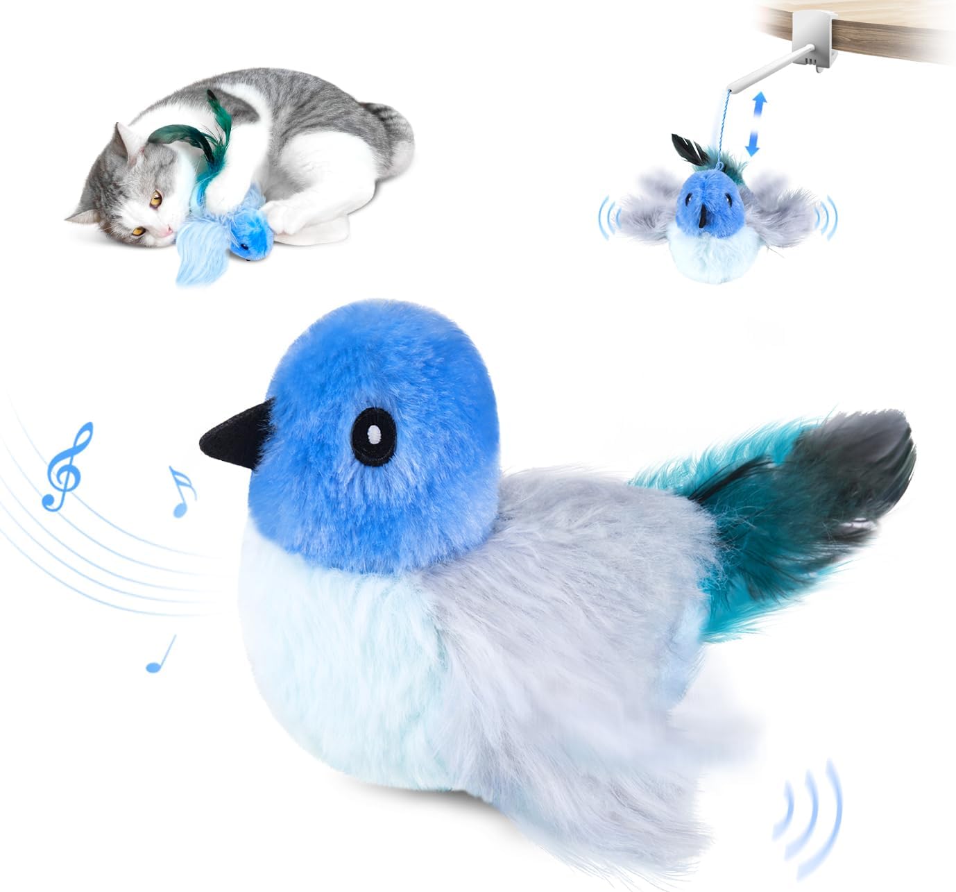 Migipaws Cat Toys,Interactive Lifelike Robin Flying Flapping Bird with Catnip, Feathers Hanging by Elastic String, Automatic Chirping Kitten Toys for Indoor Cats Self Play, Rechargeable(Blue)