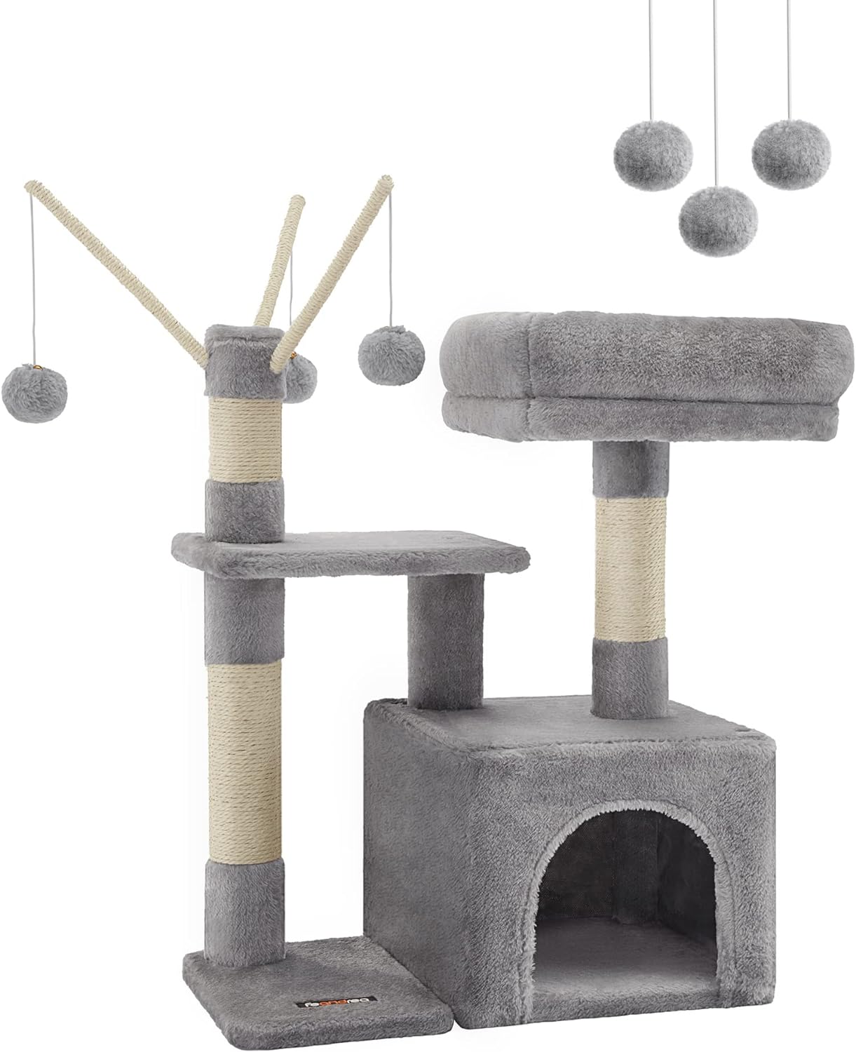 Feandrea by SONGMICS Home Cat Tree, Small Cat Tower with Padded Perch, Cat Cave, 3 Pompoms, Cat Activity Center, Light Gray UPCT121W01