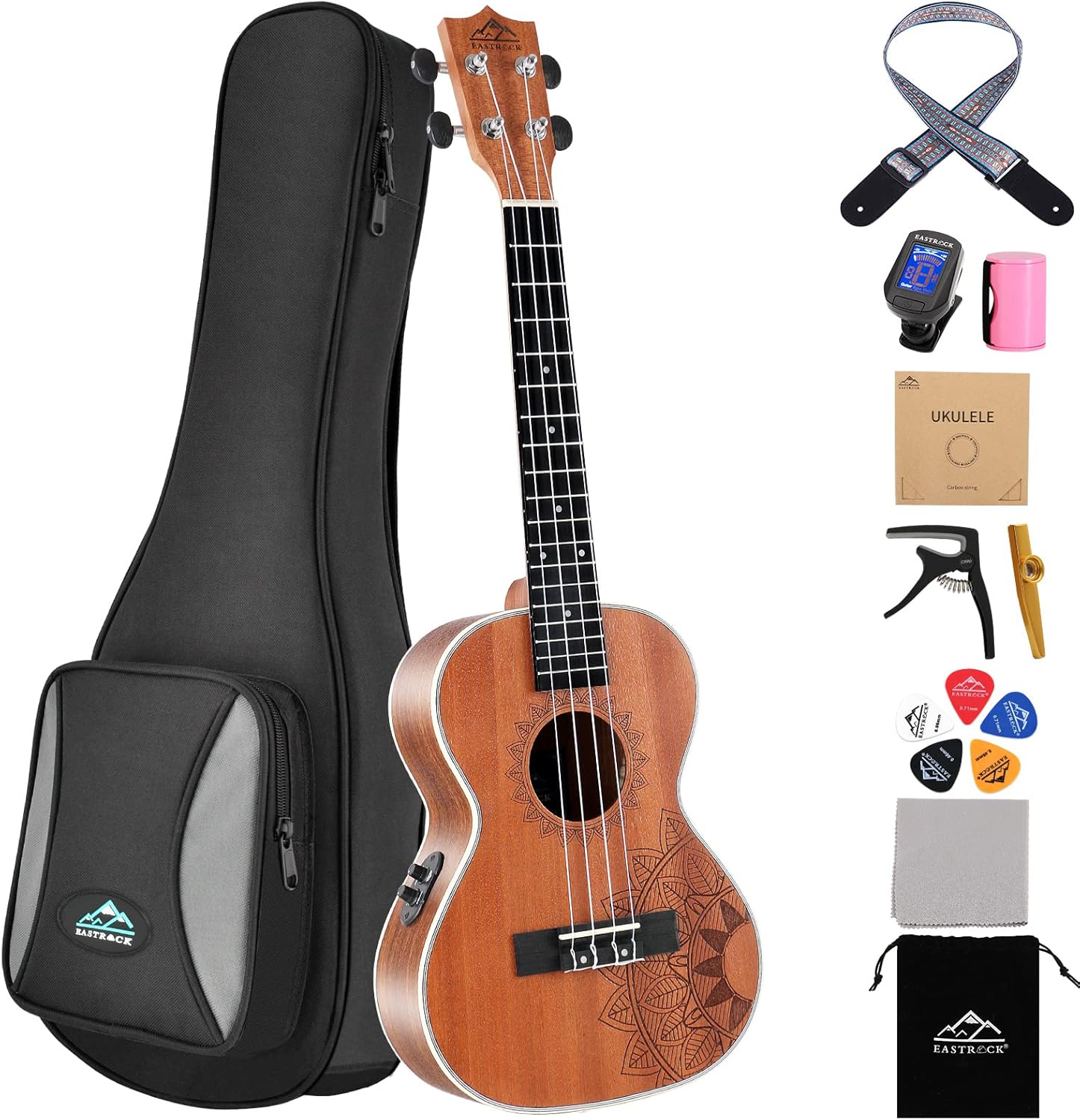 EASTROCK Tenor Ukelele Sapele Beginner Electric Built-in Equalizer Ukulele 26 inch Big Package Kit. Ukulele Ukalalee Suitable for adults, Beginners. (26-Sapele-EQ)