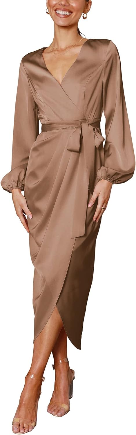 Women Satin Dress Deep V-Neck Long Sleeve Tie Waist Split Midi Dresses