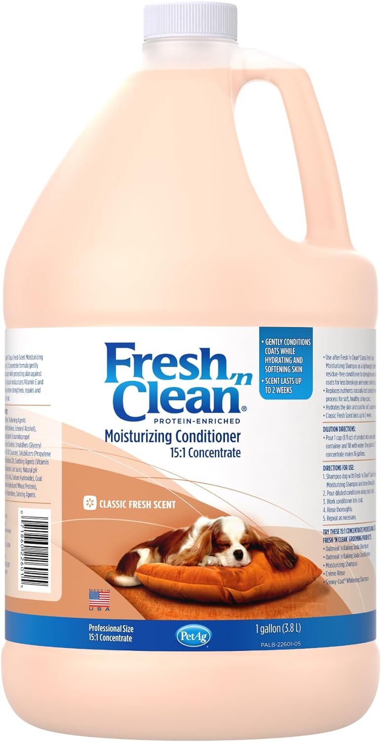 Pet-Ag Fresh n Clean Conditioner, Classic Fresh Scent (15:1 Concentrate) - 1 Gallon - Moisturizes with Vitamin E & Aloe Vera - Strengthens & Repairs Coats - Soap Free