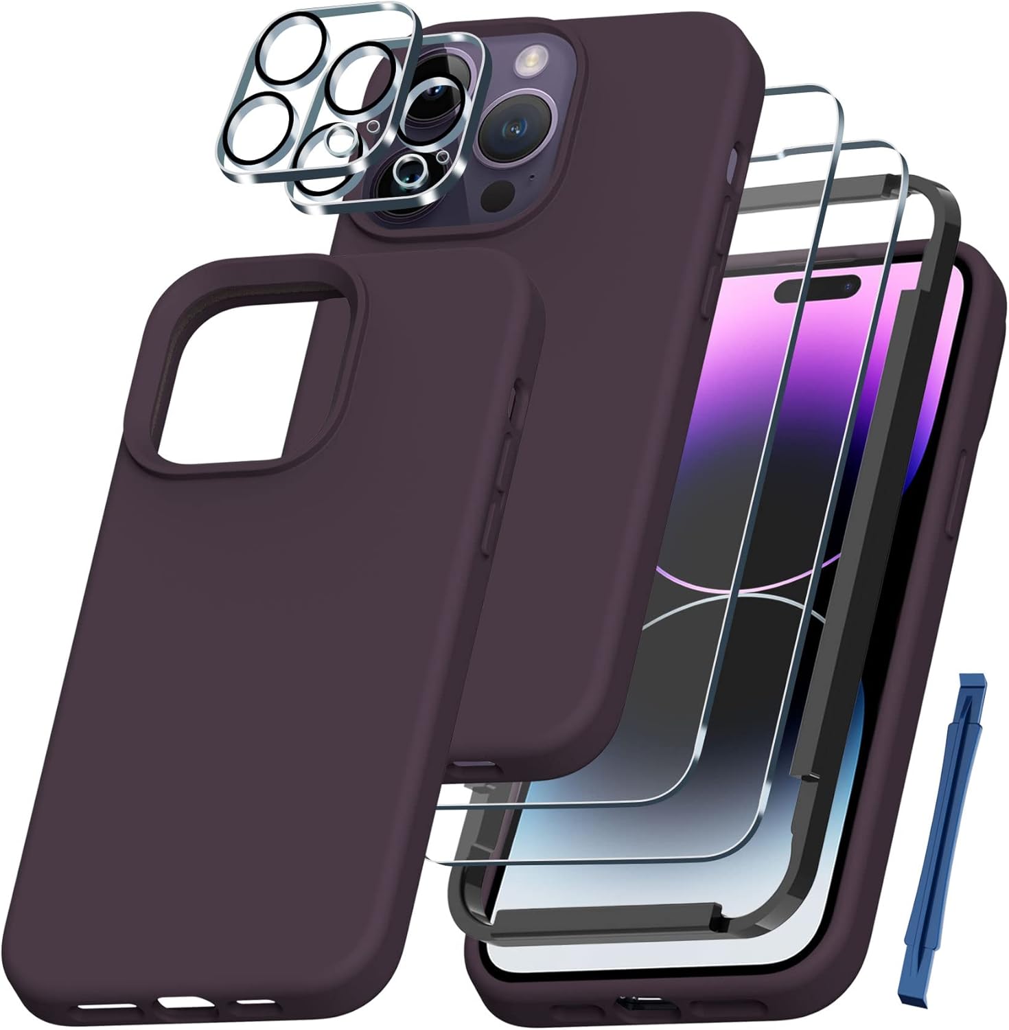 QHOHQ [5 in 1] for iPhone 14 Pro Max Case, with 2X Screen Protector   2X Camera Lens Protector, Soft Silicone Military Shockproof Slim Thin Phone Case 6.7 Inch, Deep Purple