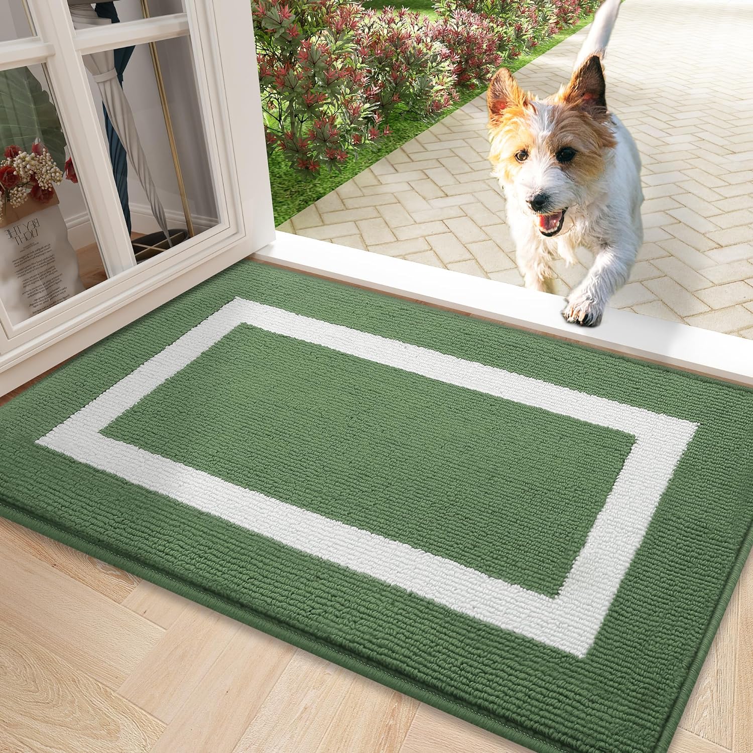 OLANLY Indoor Door Mat, 32x20, Non-Slip Absorbent Resist Dirt Entrance Mat, Washable Low-Profile Inside Entry Doormats for Entryway, Green