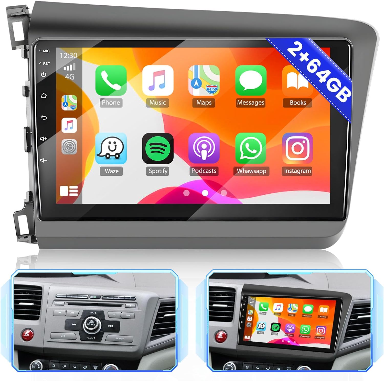 2+64GB for Honda Civic 2012-2015 Android 13 Car Stereo Wireless Apple Carplay, 9 Inch IPS Touchscreen Car Radio Receiver with GPS Navigation FM Bluetooth WiFi HiFi EQ