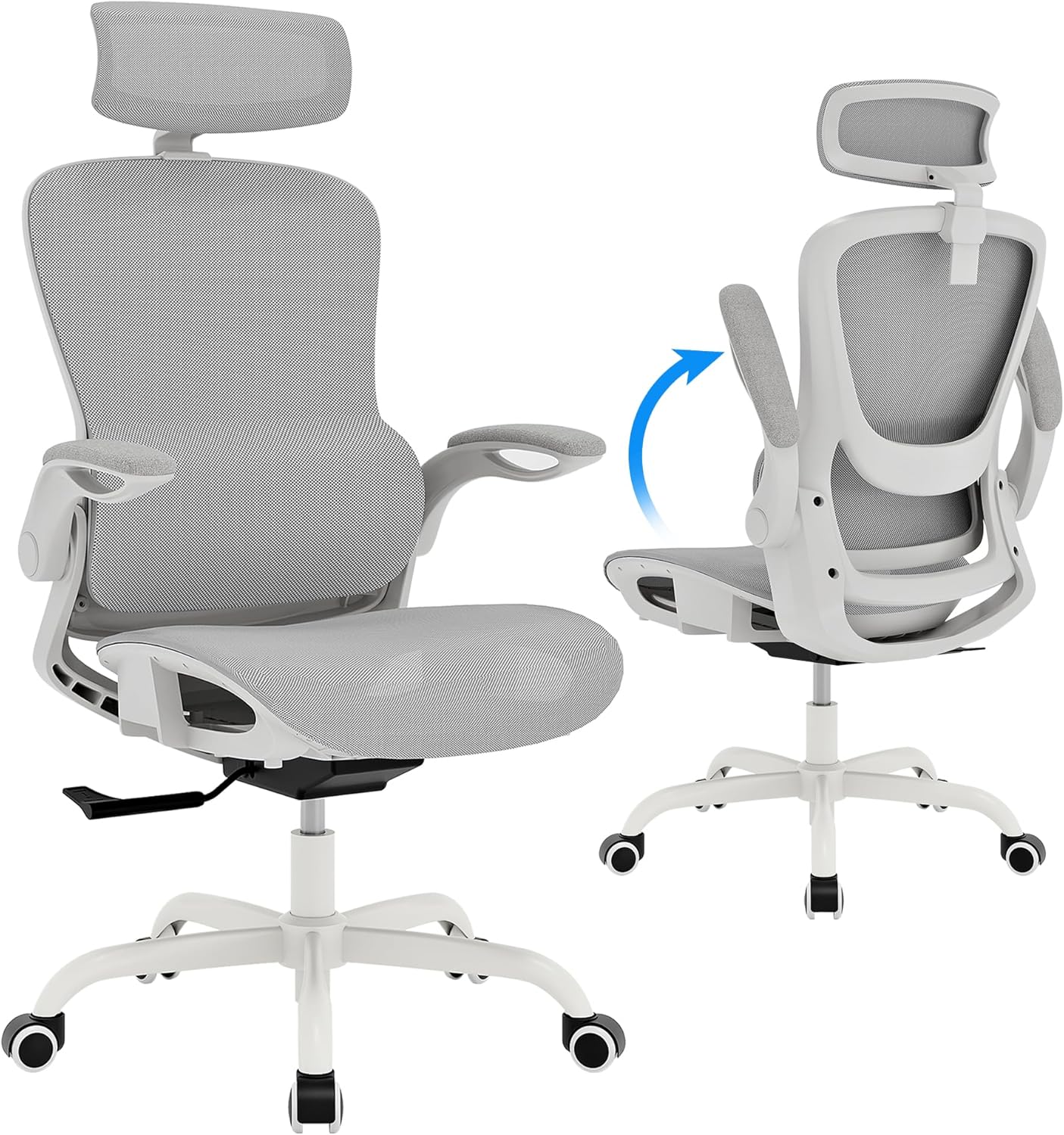 GABRYLLY Ergonomic Mesh Office Chair- White Desk Chair, Flip-Up Armrest, Adjustable Headrest, Tilting with Soft Seat and PU Wheel, Elite Home Desk Chair for Work, Study, Gaming (GY1108)