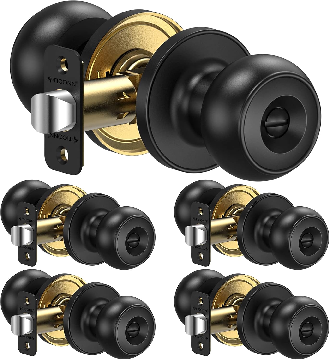 TICONN Round Door Knobs, Ball Door Knob with Dead Bolt, Door Handle Lock for Indoor Doors (5-Pack, Privacy, Matte Black)