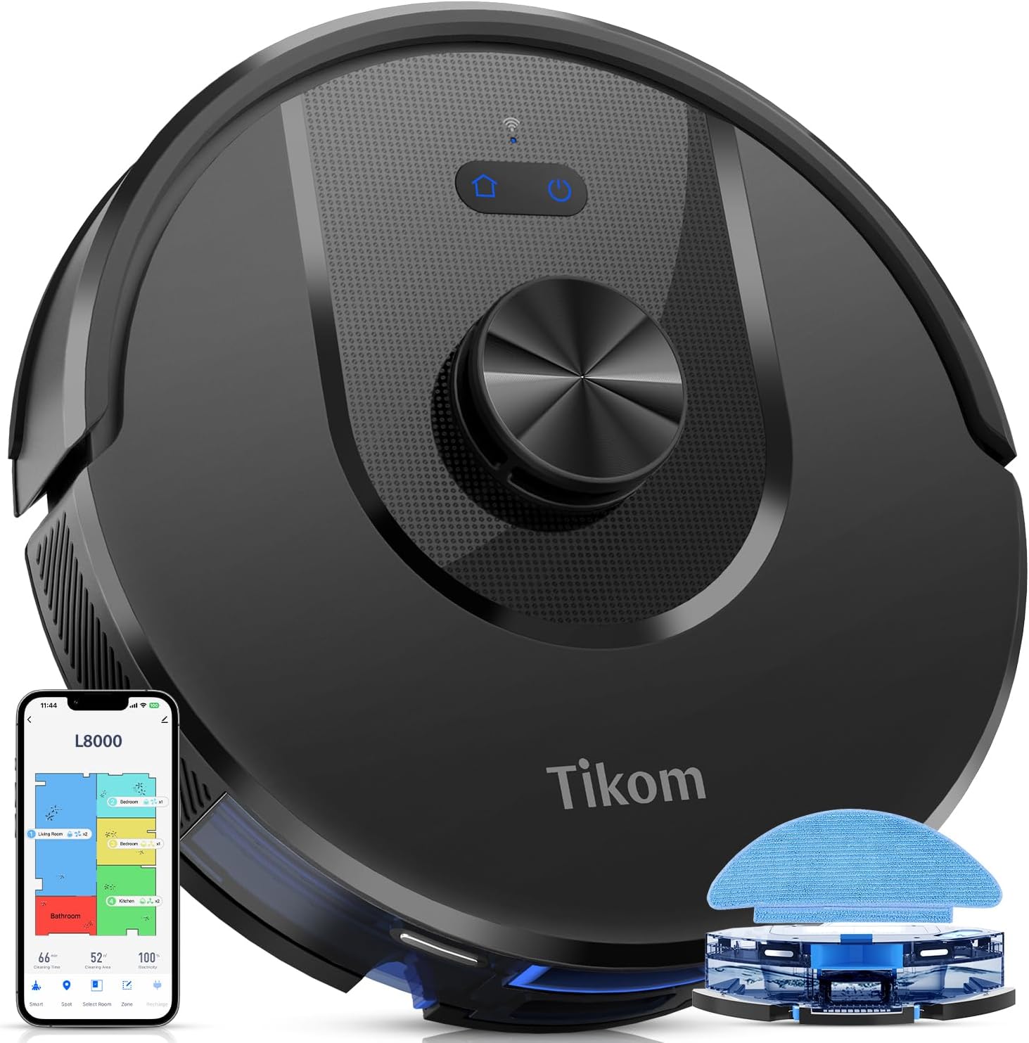 Tikom Robot Vacuum and Mop, L8000 Laser LiDAR Navigation Robotic Vacuum, 3000Pa Suction, 150Mins Max, 45dB, 14 No-Go Zones, 20 Virtual Walls, Self-Charging, Good for Pet Hair, Carpet, Hard Floor