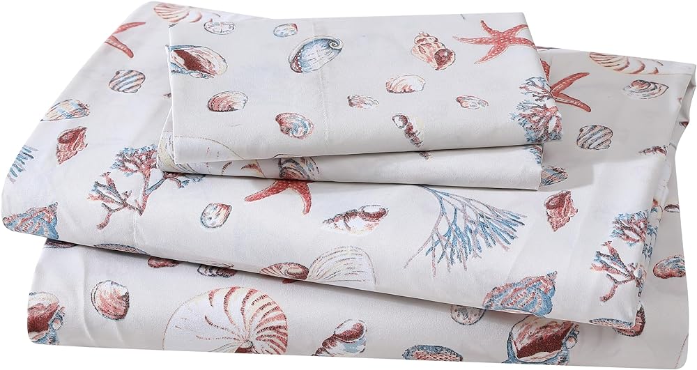 Beatrice Home Fashions Coastal Print Microfiber Sheet Set, Soft, Comfy, 12&#34; Deep Pockets, Queen, Oceanside Sand
