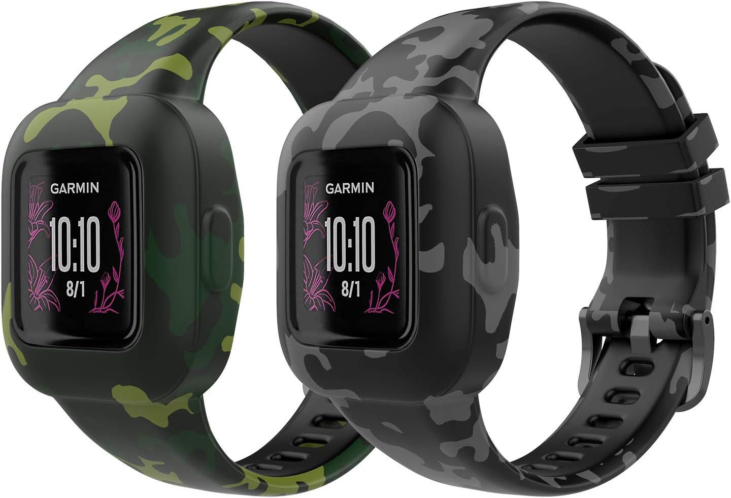 MoKo 2PACK Band Compatible with Garmin Vivofit JR 3 Tracker, Soft Silicone Printing Pattern Adjustable Replacement Strap Fits 5.1-7.5in Wristband Bracelet, Camouflage Green & Camouflage Gray