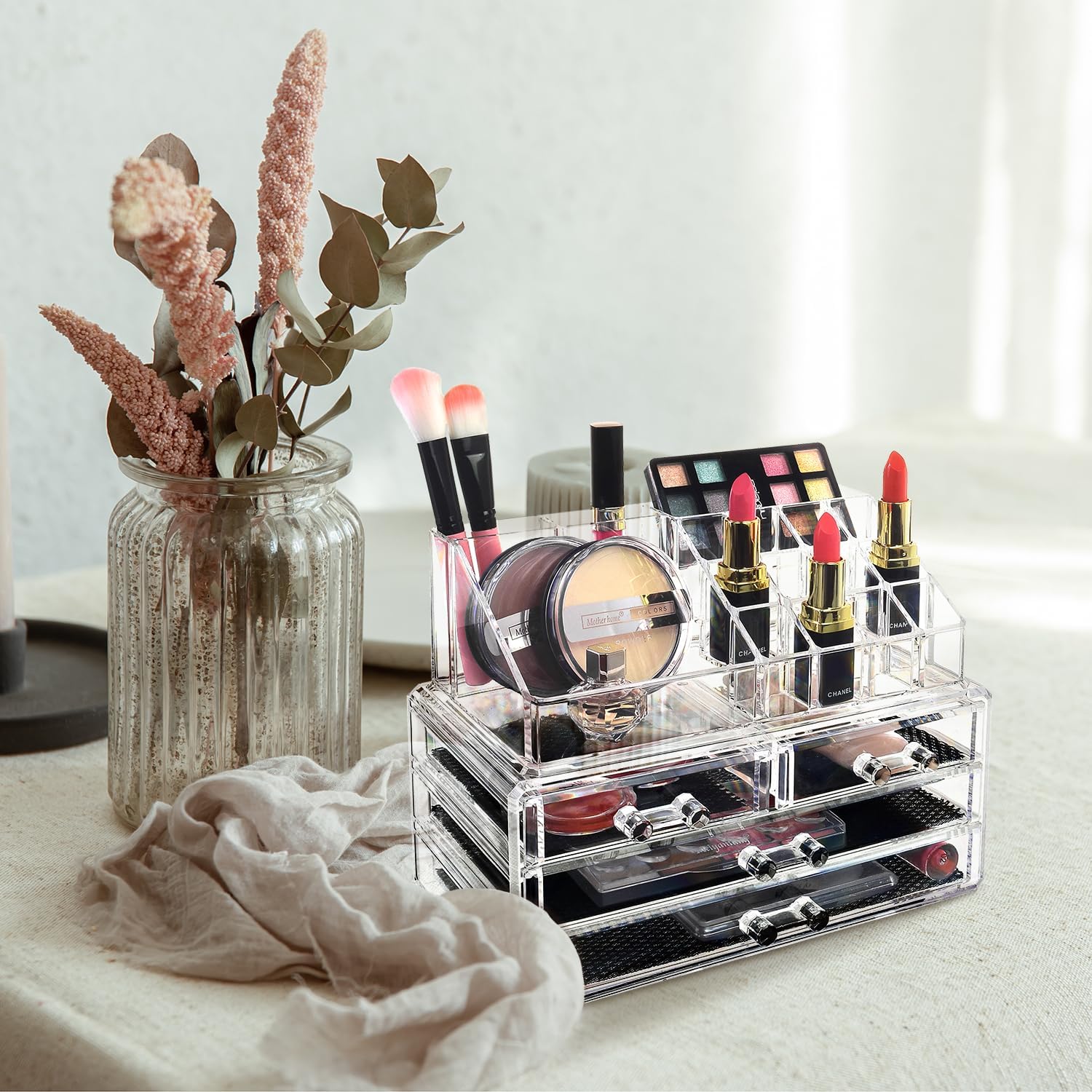 Ikee Design Acrylic Makeup Organizer with 4 Drawers and Removable Top Lipstick Holders, Ideal for Make-up or Accessories,Enhance Your Vanity or Bathroom...