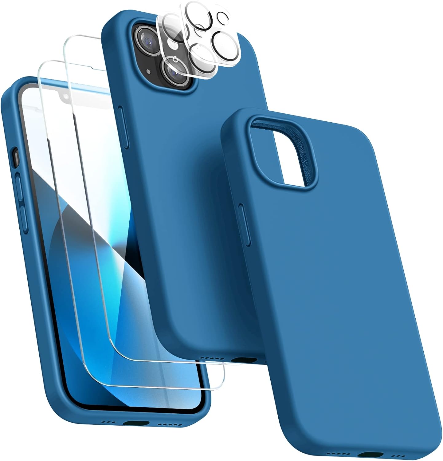 Dssairo [5 in 1 Designed for iPhone 13 Case, with 2 Pack Screen Protector + 2 Pack Camera Lens Protector, Liquid Silicone Ultra Slim Shockproof Protective Phone Case [Microfiber Lining] 6.1 (Blue)