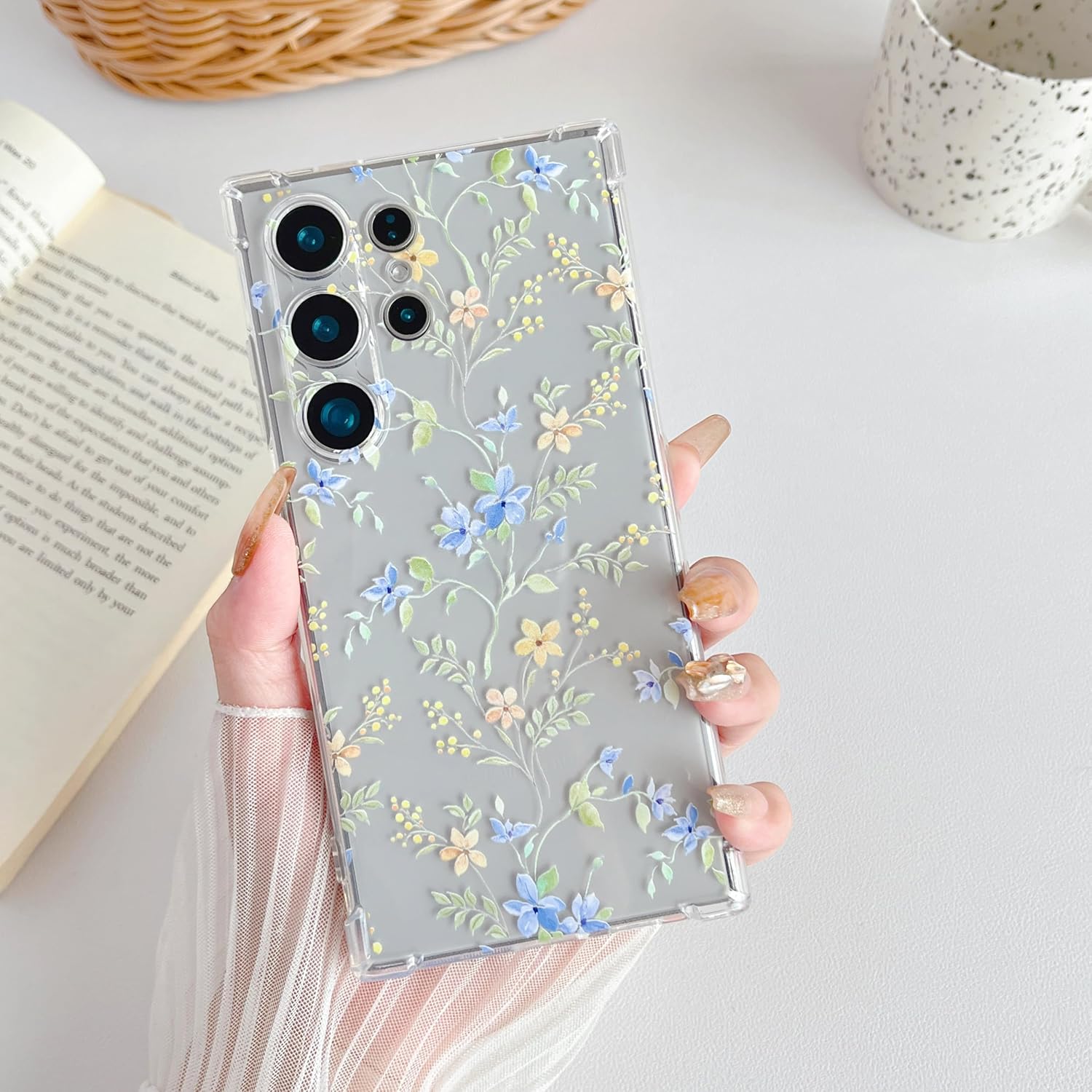 ZTOFERA for Samsung Galaxy S24 Ultra Case Clear Cute Flower Pattern for Women Girls Protective Shockproof Slim TPU Bumper Phone Cover for Samsung S24 Ultra Case, Blue Pink Flower