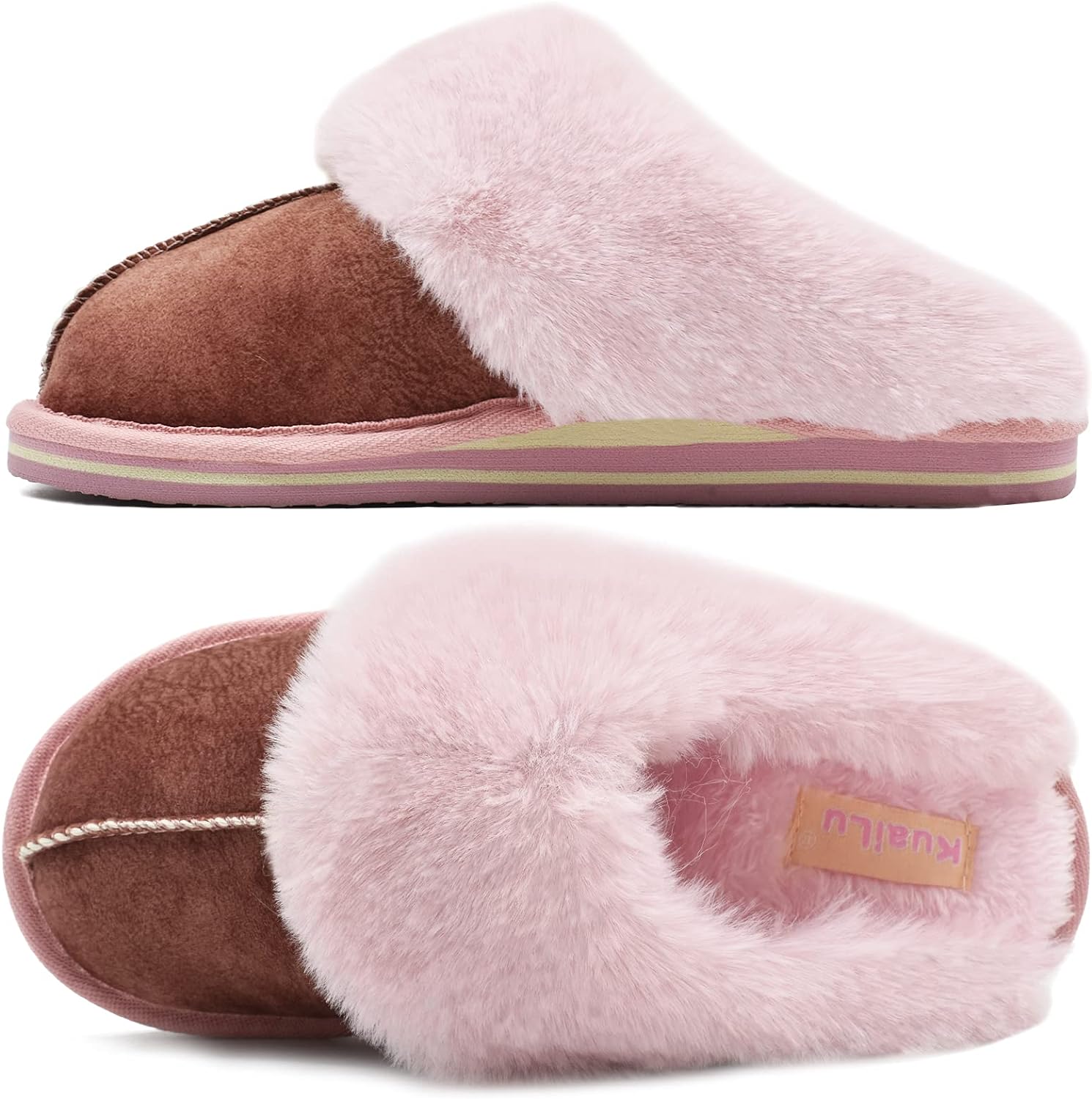 KuaiLu Womens Fluff Dual Memory Foam Slippers Ladies Cozy Arch Support Warm Scuff Slippers Slip on Comfy Winter House Shoes with Non-Slip Indoor Outdoor Hard Sole