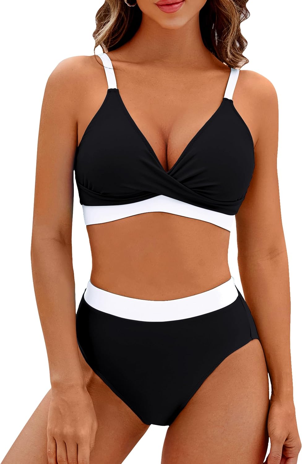 BMJL Women' High Waisted Bikini Sets V Neck Two Piece Swimsuit Color Block Twist Front Bathing Suits