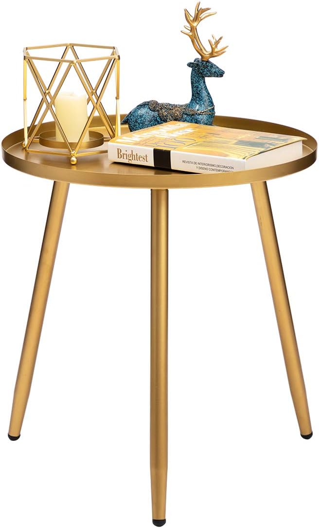 HollyHOME Accent Small Round End Table, Modern Metal Waterproof Outdoor&Indoor Side Table for Small Spaces, Contemporary Nightstand/Sofa Coffee Table, (H) 19.69 x (D) 18.11, Gold