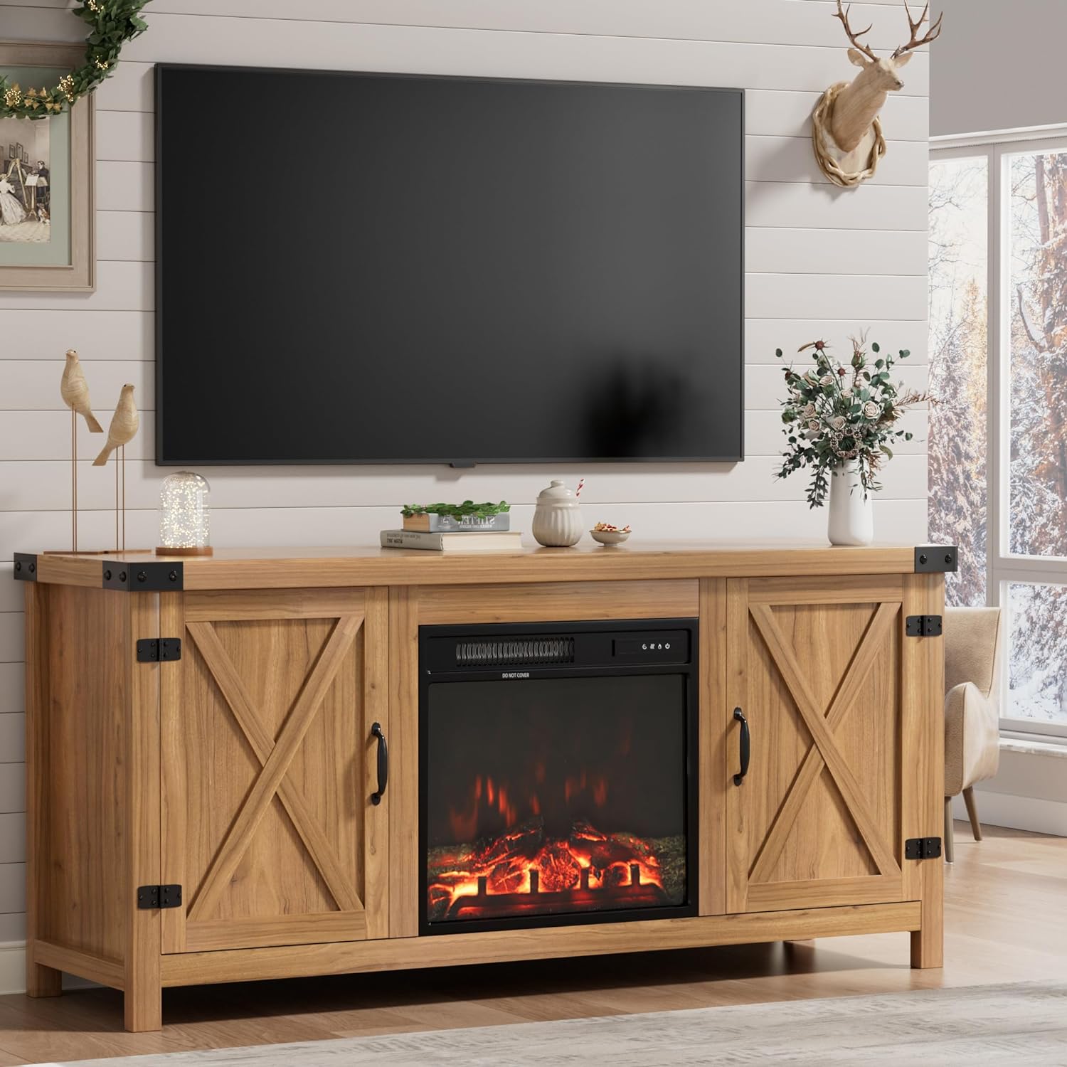 Furmax Fireplace TV Stand for Up to 65 Inches TVs, Farmhouse Entertainment Center with Grooved Barn Doors, Rustic Media Console Table with Storage Cabinets for Living Room (Barnwood)