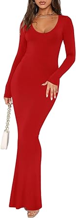 REORIA Women's Sexy Scoop Neck Long Sleeve Lounge Long Dress Ribbed Bodycon Maxi Dresses