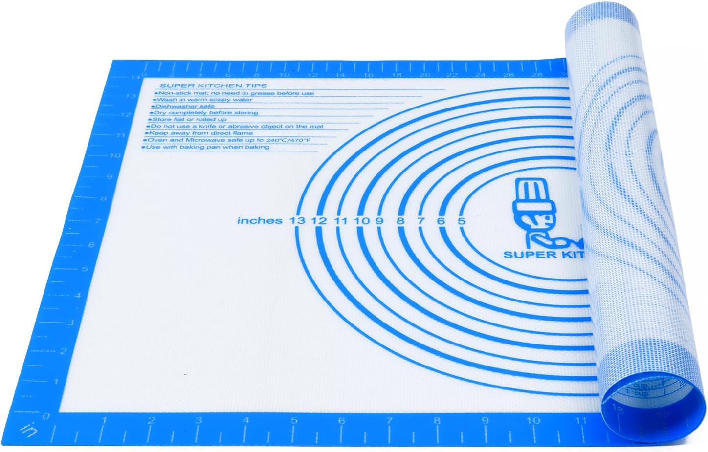 Nonstick Silicone Pastry Baking Mat Large with Measurements 16''By 24'' for Silicone Baking Mat, Counter Mat, Dough Rolling Mat/Pie Crust Mat By Folksy Super Kitchen(1624, Blue)