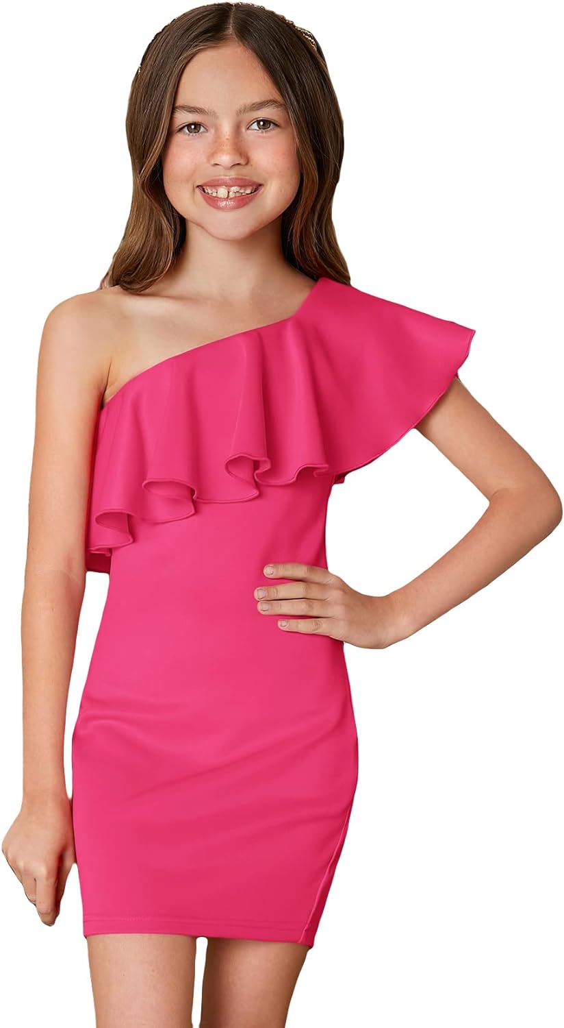 WDIRARA Girl' One Shoulder Ruffle Trim Flounce Sleeve Pencil Party Birthday Dress