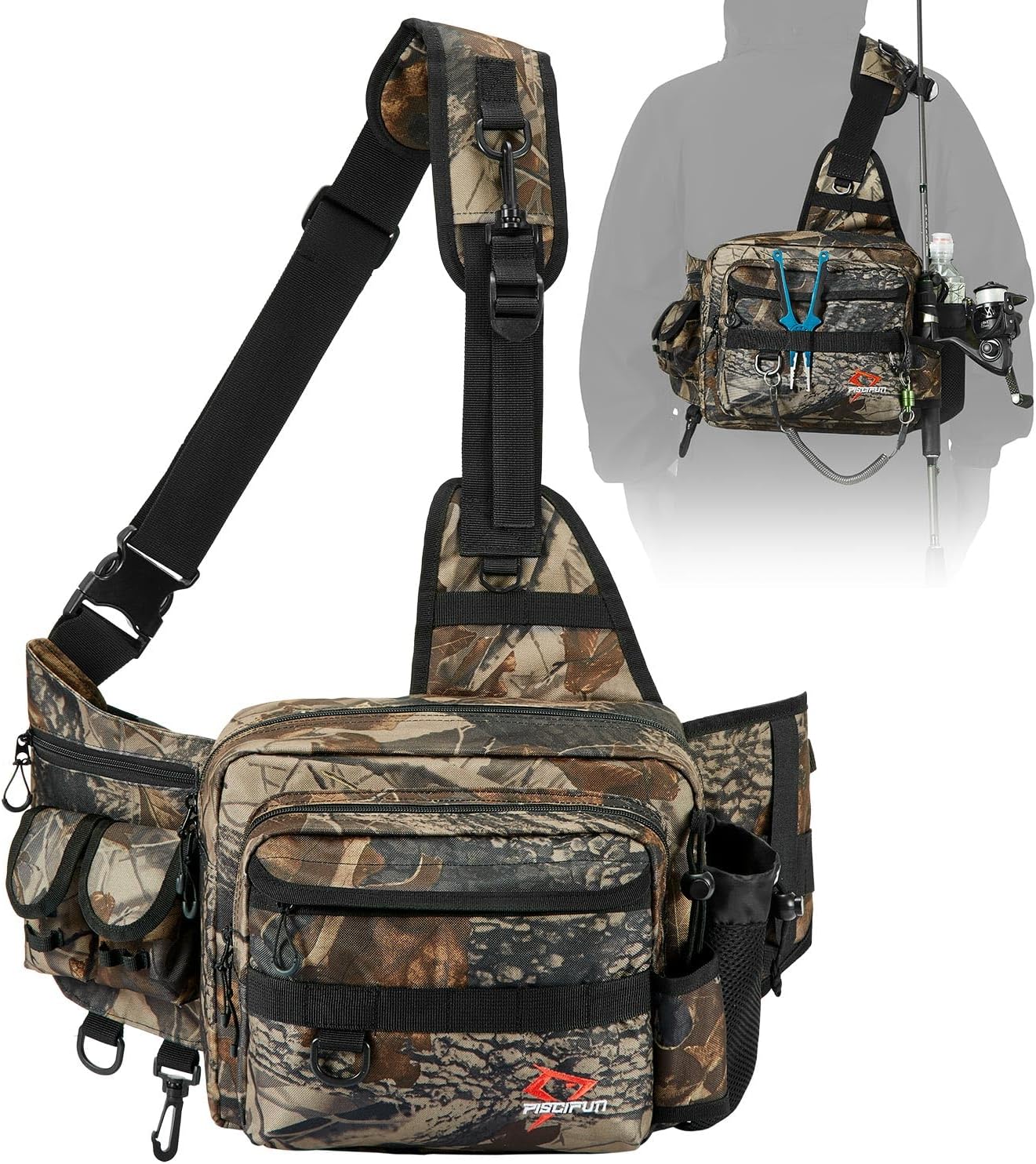 Piscifun Fishing Tackle Bag with Rod & Gear Holder, Lightweight Sling Tackle Storage Bag, Water-Resistant Cross Body Sling Bag with D-Rings and Waist Strap, Available in Black, Khaki, Camo