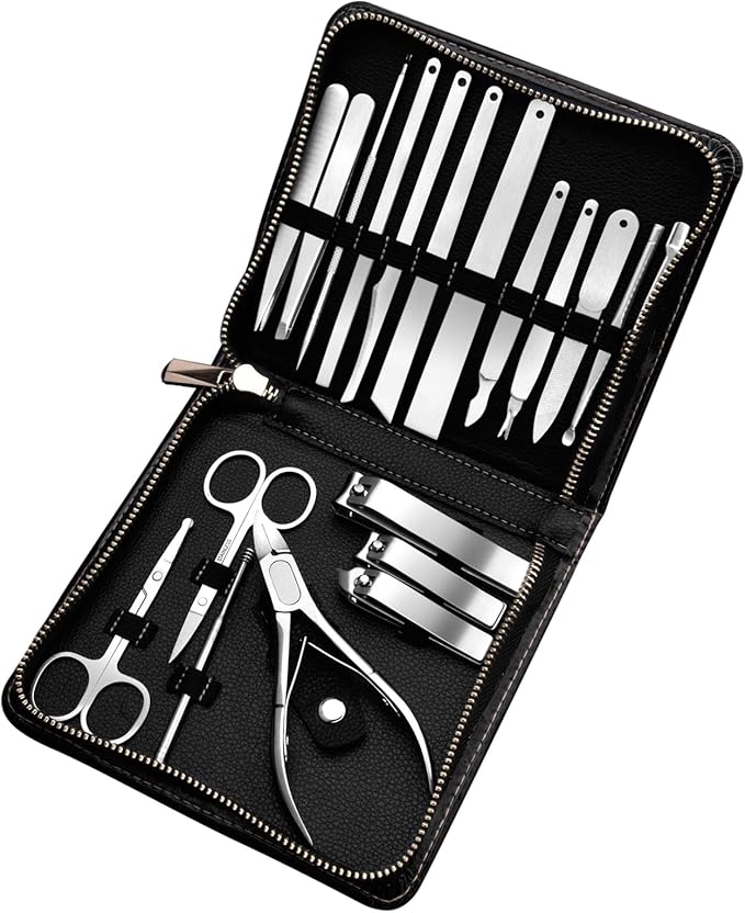 Nail Clippers Set, Professional Manicure Set and Pedicure Kit, Travel Nail Care Grooming Kit with Black Leather Case by FIXBODY, Gifts for Women and Men, Birthday Christmas Gifts for Him 19 Pieces