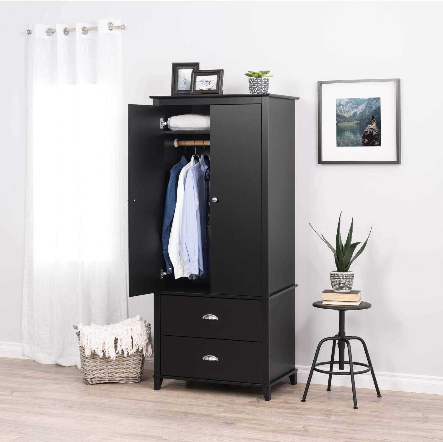 Prepac Yaletown Traditional Wardrobe Closet with Drawers and 2 Doors, Stylish 2-Door Armoire Portable Closet 21 D x 31.5 W x 72 H, Black, BABH-1205-2K