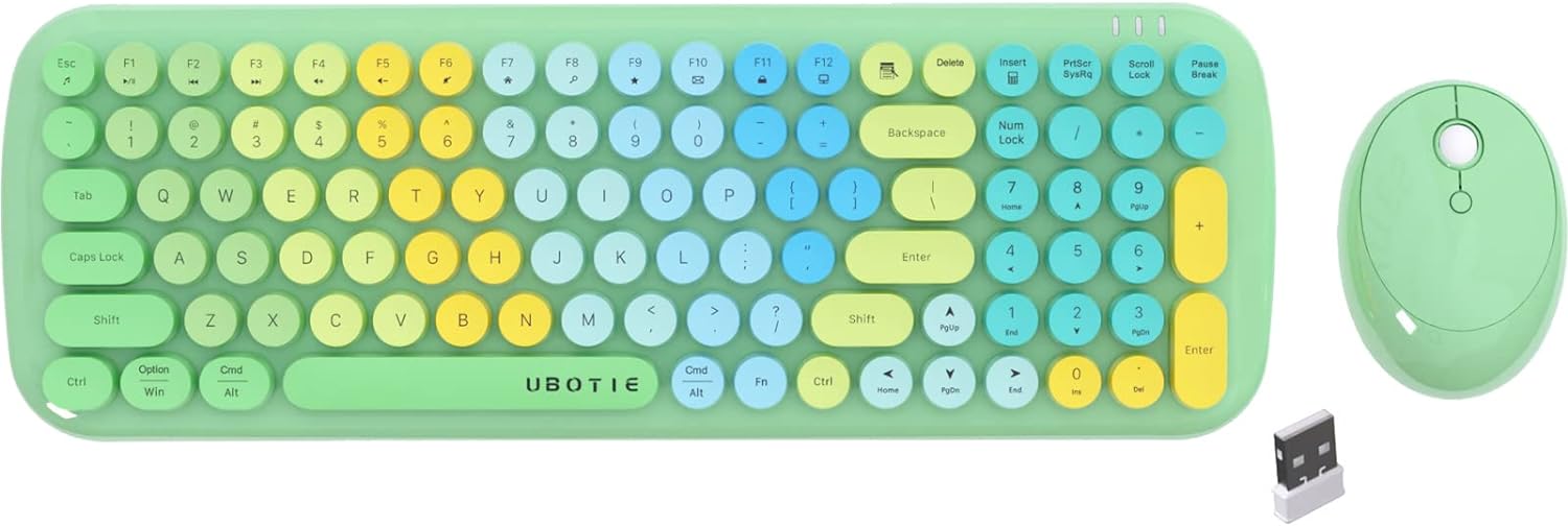 Wireless Keyboards and Mouse Combos, UBOTIE Colorful Gradient Rainbow Colored Retro Typewriter Flexible Keyboard, 2.4GHz Connection and Optical Mouse