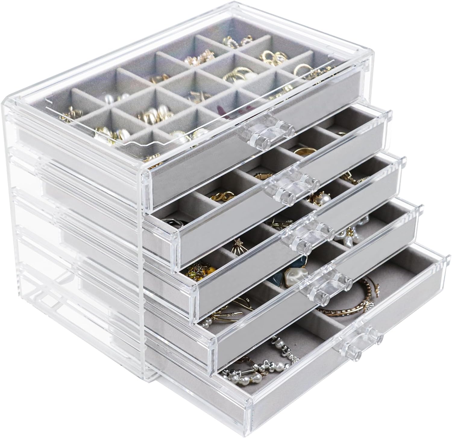 Jewelry Box with 5 Drawers, Velvet Earring Holder Organizer, Acrylic Jewelry Organizer Box for Women, Clear Stackable Jewelry Holder Organizer Box for Jewelry Storage Earrings Ring Bracelet Necklace