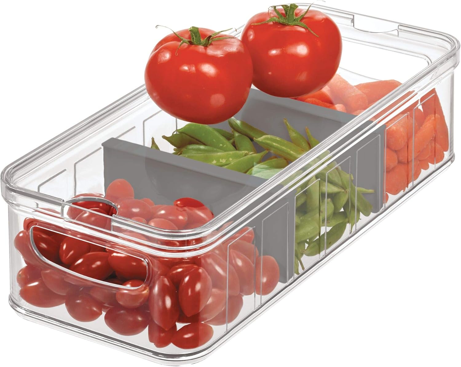 iDesign Recycled Plastic Crisp Large Divided Fruit and Vegetable Storage with Easy to Grip Integrated Handles Designed to Keep Food Fresh Longer, 14. 82 x 6. 32 x 3. 76