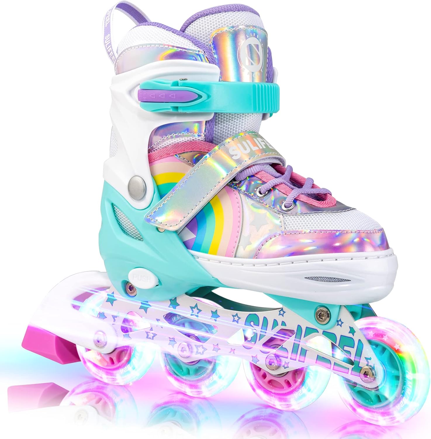 SULIFEEL Rainbow Unicorn Inline Skates for Girls Boys 4 Size Adjustable Light up Wheels Skates for Kids Beginner