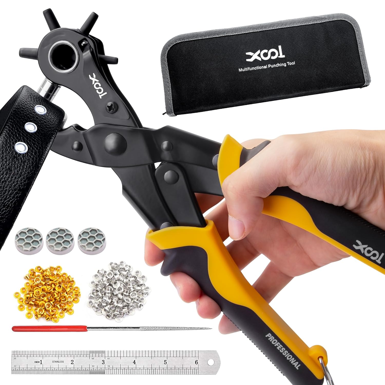 XOOL 2 in 1 Leather Hole Punch Eyelet Tool Kit, 3/16 4.5mm Metal Eyelets for Fabric, Hole Puncher, Eyelet Pliers for Shoes Leather Clothes Belt