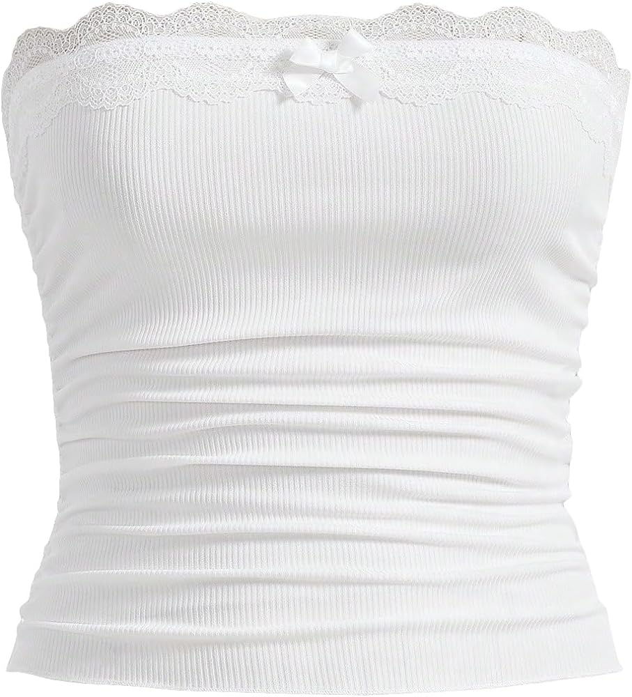 SOLY HUX Women's Lace Trim Ruched Bandeau Crop Tube Tops Bowknot Front Strapless Summer Tops