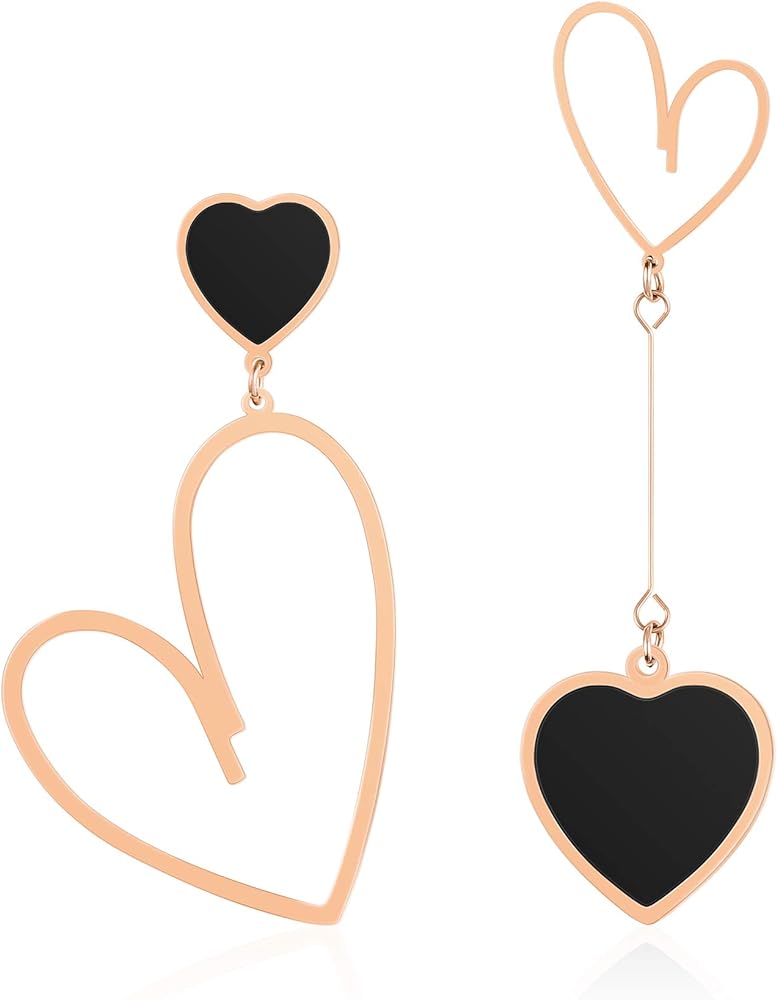 Linawe Black Heart Earrings, Rose Gold Hypoallergenic Stainless Steel Dangle Drop Earrings Dangling, Preppy Stuff Y2K Cute Asymmetrical Earrings, Gift Valentine's Day Anniversary