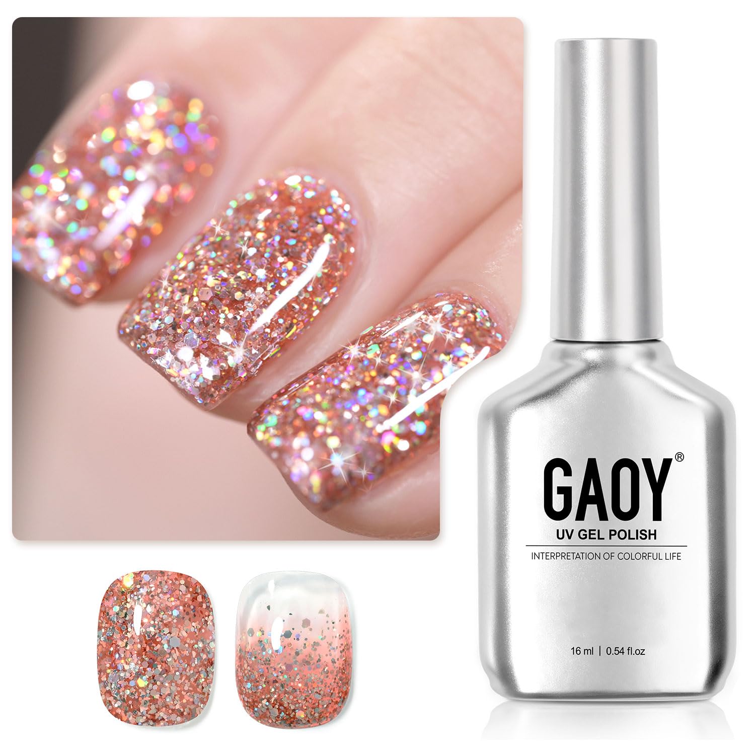 GAOY Glitter Gel Nail Polish, 16ml Pink Champagne Sparkly Gel Polish, Diamond Shiny Glitter Soak Off UV Gel for Nail Art, 1124 Pink Champagne