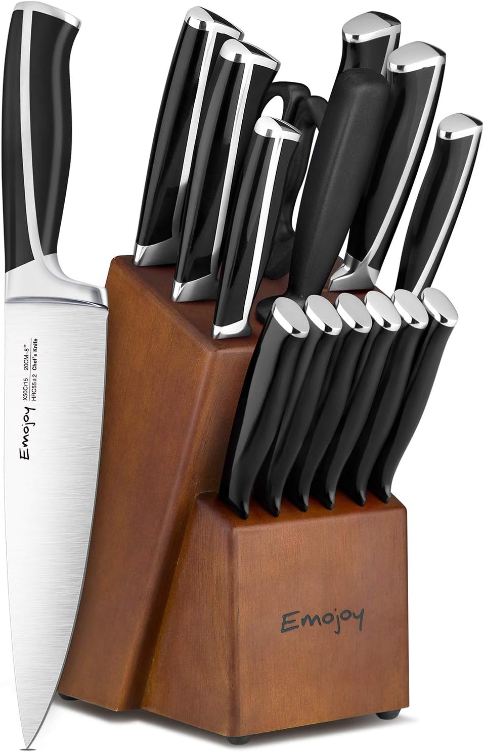 Knife Set, Emojoy 15 Piece Kitchen Set with Block Wooden, German Stainless Steel Sharp Chef Sharpener, Knives Black