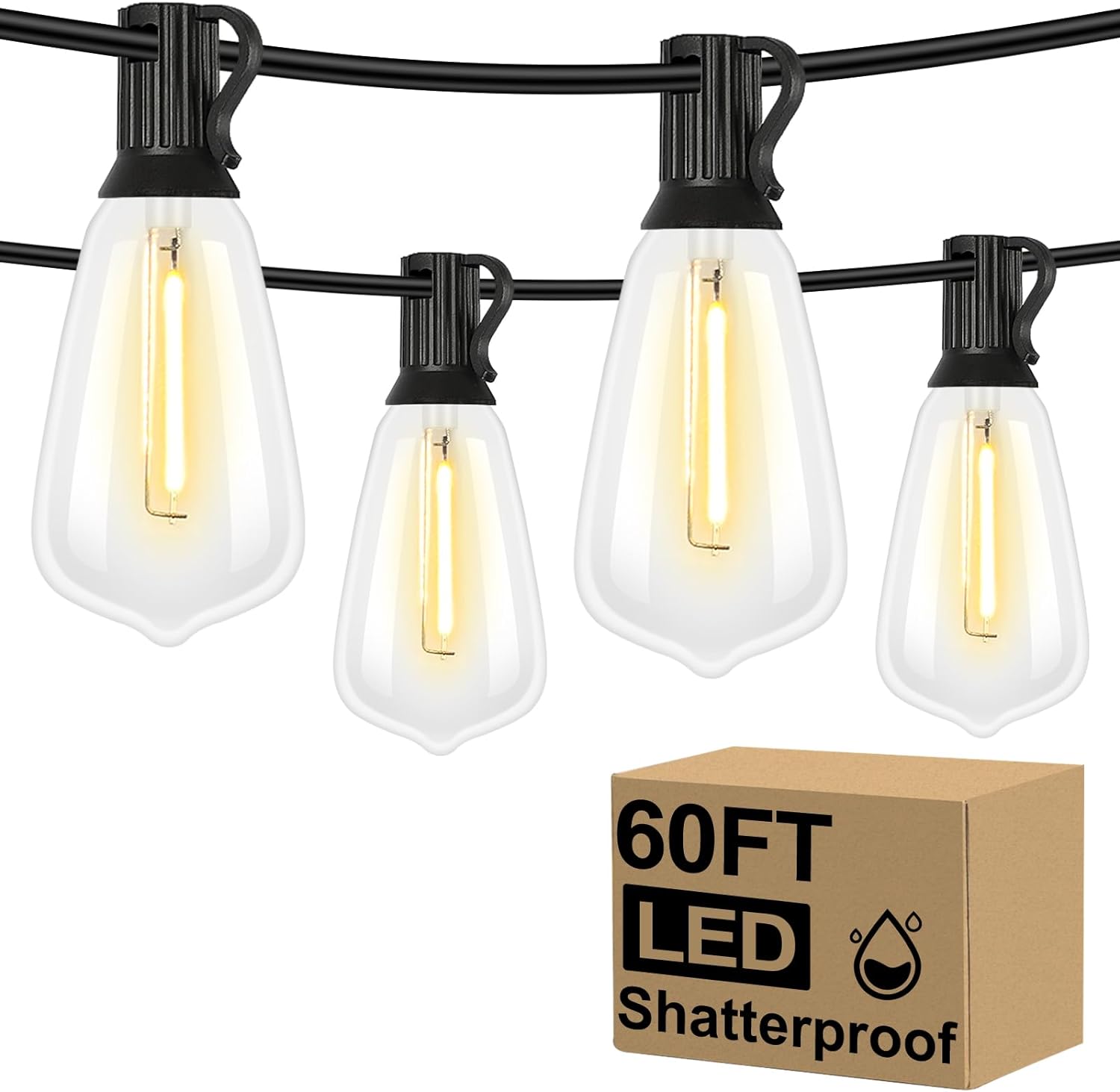 Brightever LED Outdoor String Lights 60FT Patio Lights with 32 Shatterproof ST38 Vintage Edison Bulbs, Outside Hanging Lights Waterproof for Porch, Deck, Garden, Backyard, Balcony, 2700K Dimmable