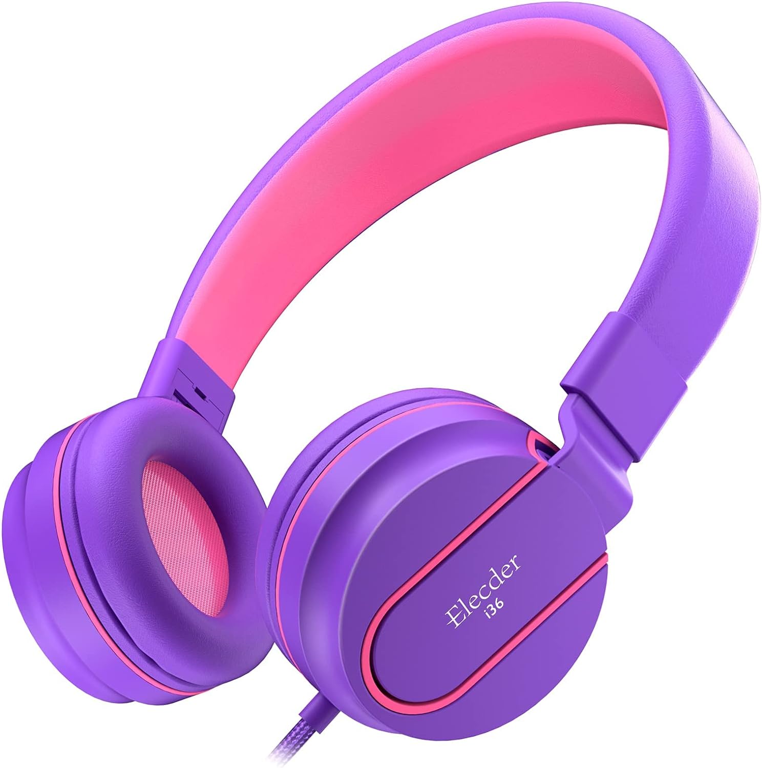 ELECDER i36 Kids Headphones Children Girls Boys Teens Foldable Adjustable On Ear Headphones 3.5mm Jack Compatible Cellphones Computer Kindle MP3/4 School Tablet Purple/Red