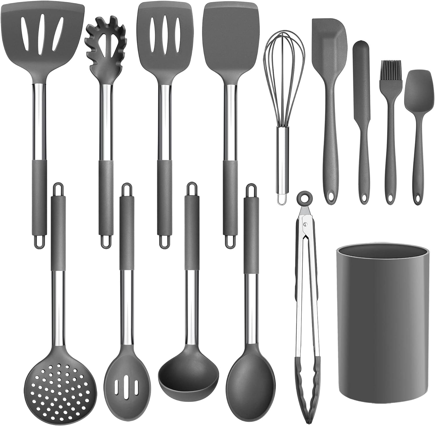 LIANYU 15-Piece Cooking Kitchen Utensils Set with Holder, Silicone Kitchen Tools Stainless Steel Handle, Slotted Spatula Spoon Turner Tong Whisk Brush for Cooking, Gray