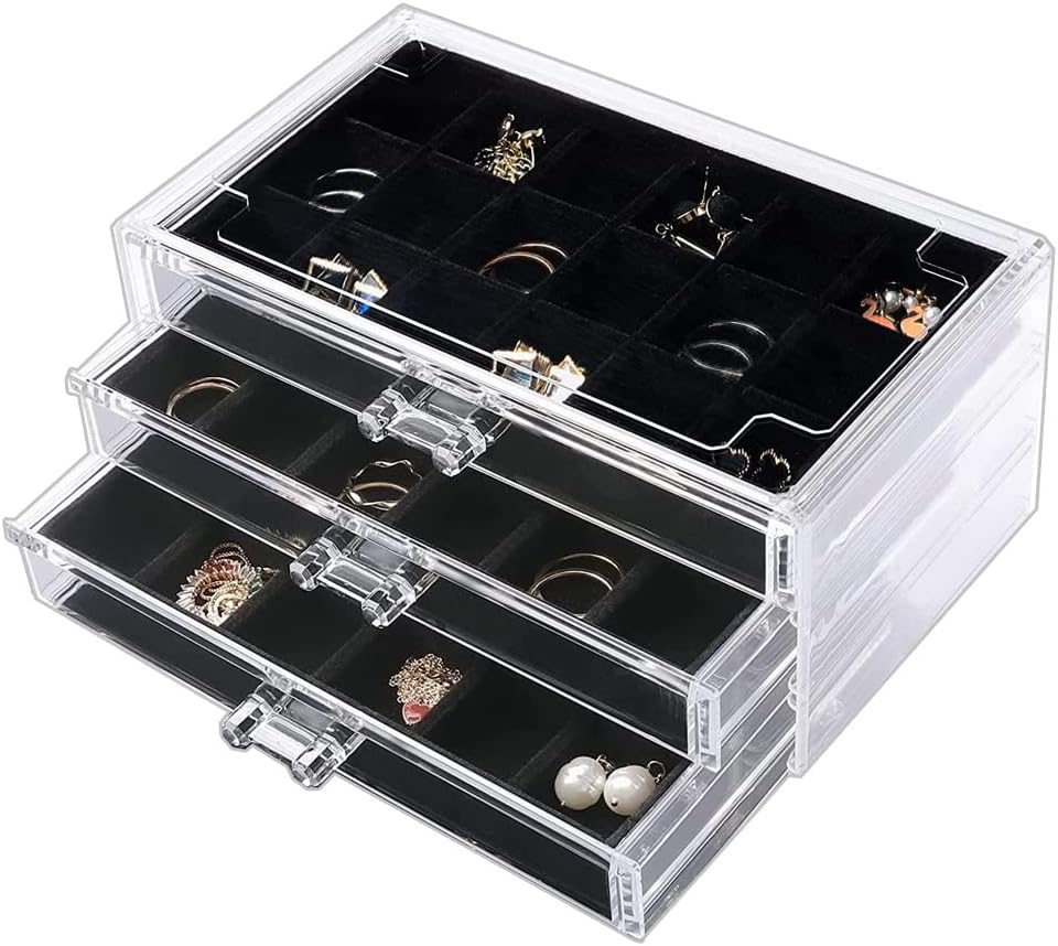 Earring Organizer Box Acrylic Jewelry Organizer with 3 Drawers 54 Adjustable Grids Clear Stackable Earring Holder Velvet Trays Ring Display Case for Women Girls (Black)