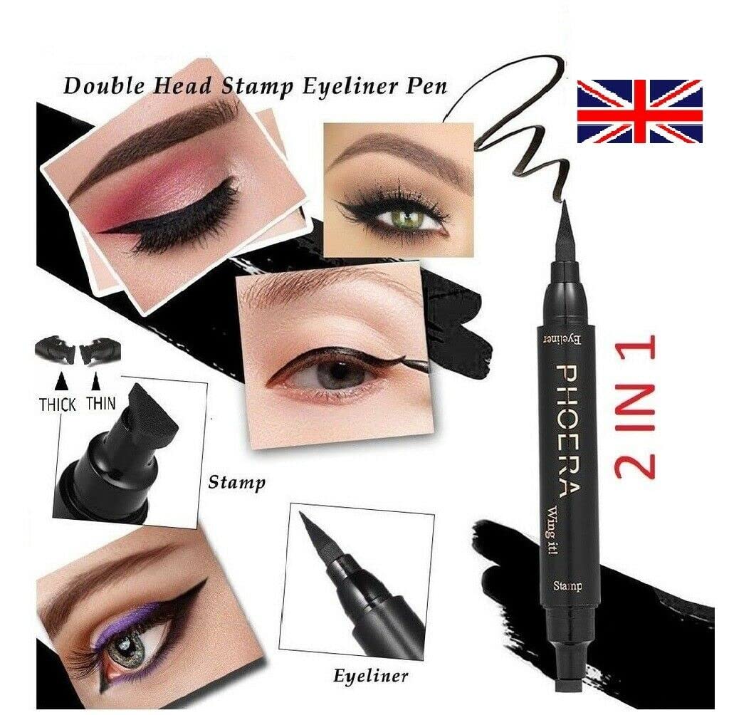 Phoera 2 in 1 Wing Cat Eye Liner   Stamp Winged Long Lasting Liquid Eye Liner Waterproof & Smudge proof Makeup Black Eyeliner Pen Winged Eyeliner Pencil - AQUAPURITY (THIN STAMP)