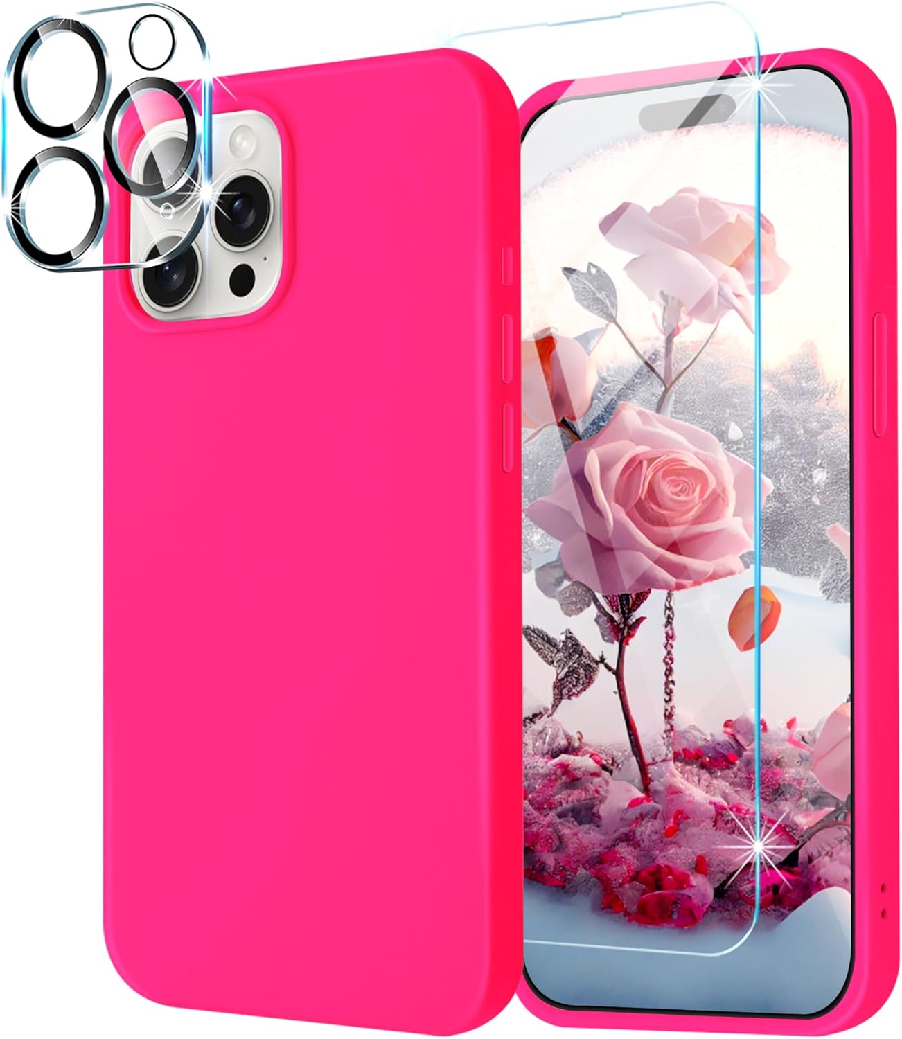 Fingic iPhone 15 Pro Max Case [with 1*Screen Protector+1*Camera Lens Protector][Liquid Silicone]Soft Gel Rubber Slim Microfiber Lining Nonslip Shockproof Protective Case for iPhone 15 Pro Max,Hot Pink