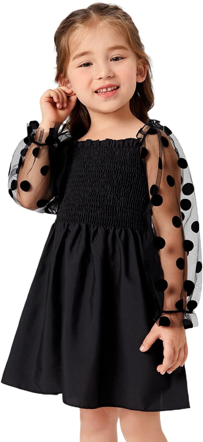 WDIRARA Toddler Girl' Polka Dots Mesh Flounce Long Sleeve Flared Shirred Dress