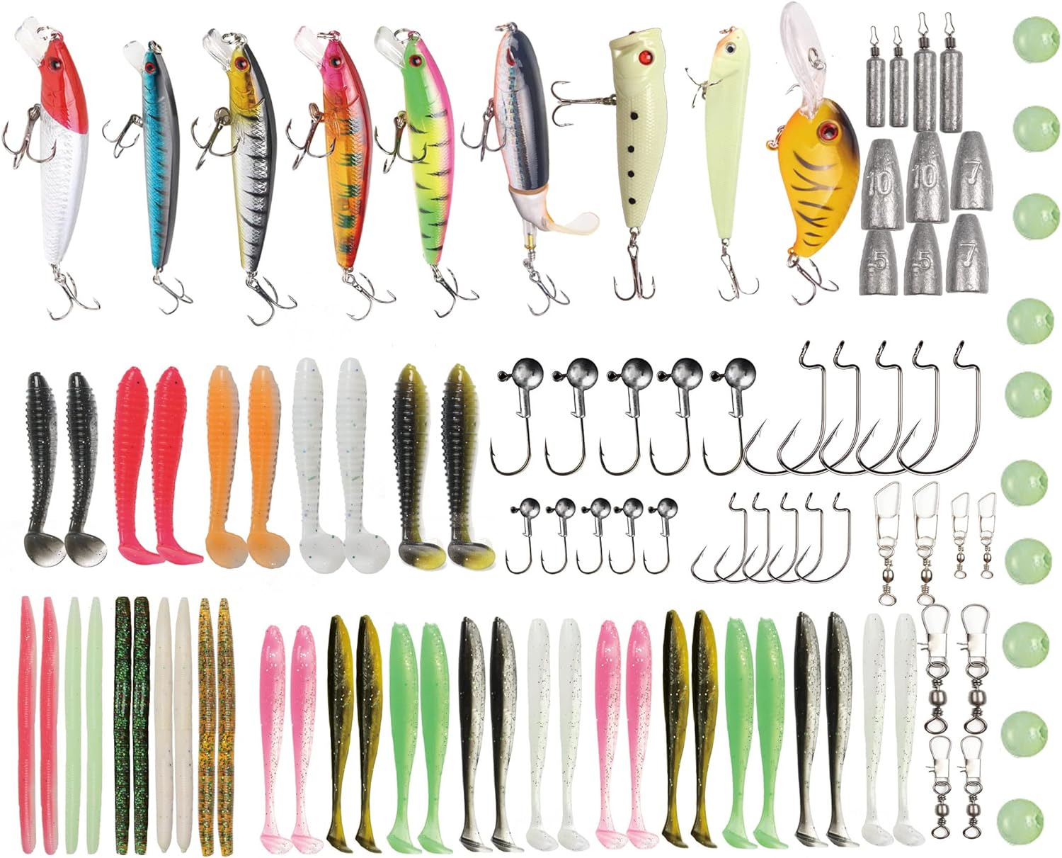 Fishing Lures 107PCS Kit Including Minnow Popper Crank Baits Soft Plastic Worms Jigs Hooks Snaps Beads for Bass Trout Salmon