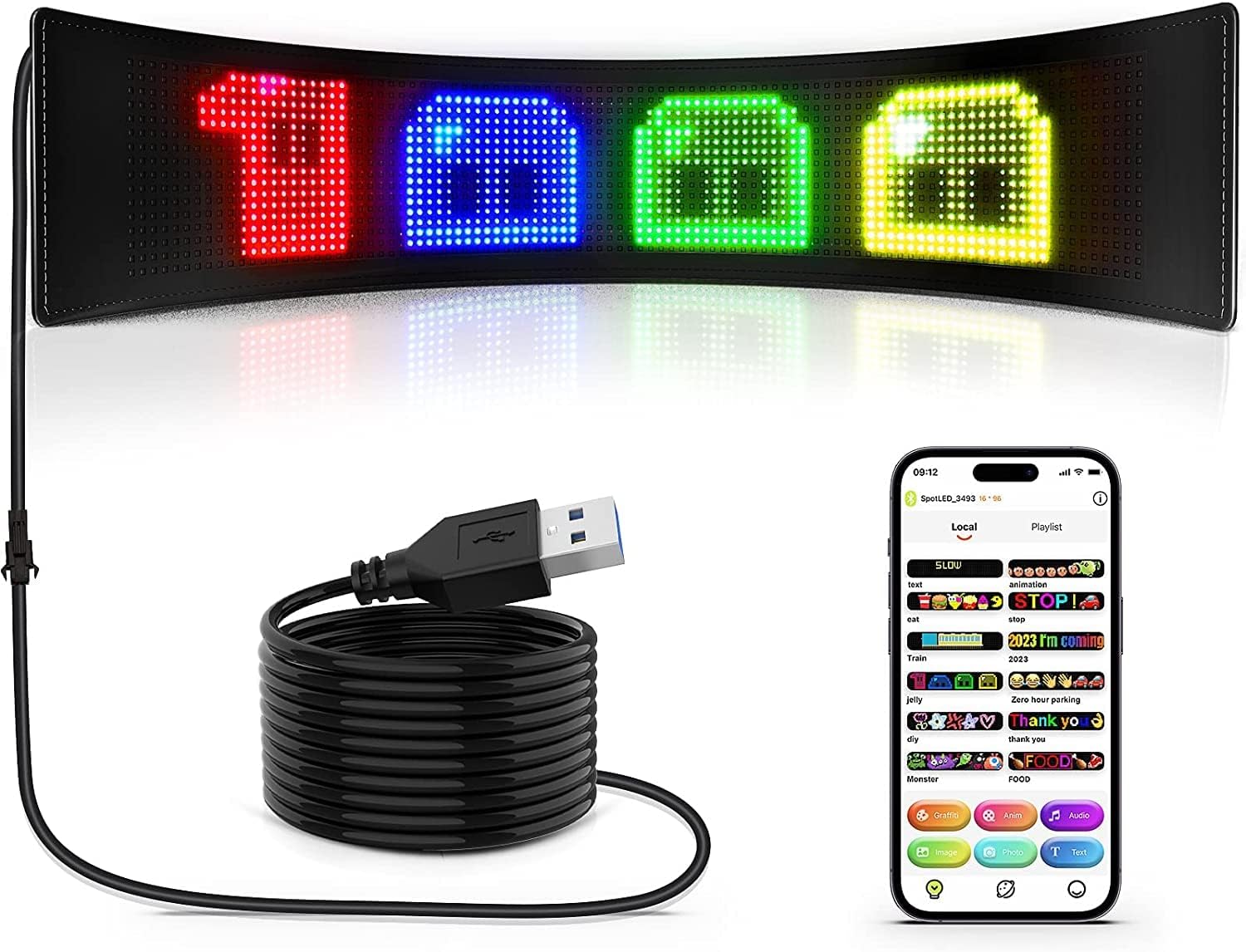 RAYHOME Full-Color Import Picture Programmable LED Sign, 27''x5'' Flexible USB 5V Multitasking Rotation Bluetooth APP Control Custom Text Pattern Animation Scrolling LED Display for Car Store Party