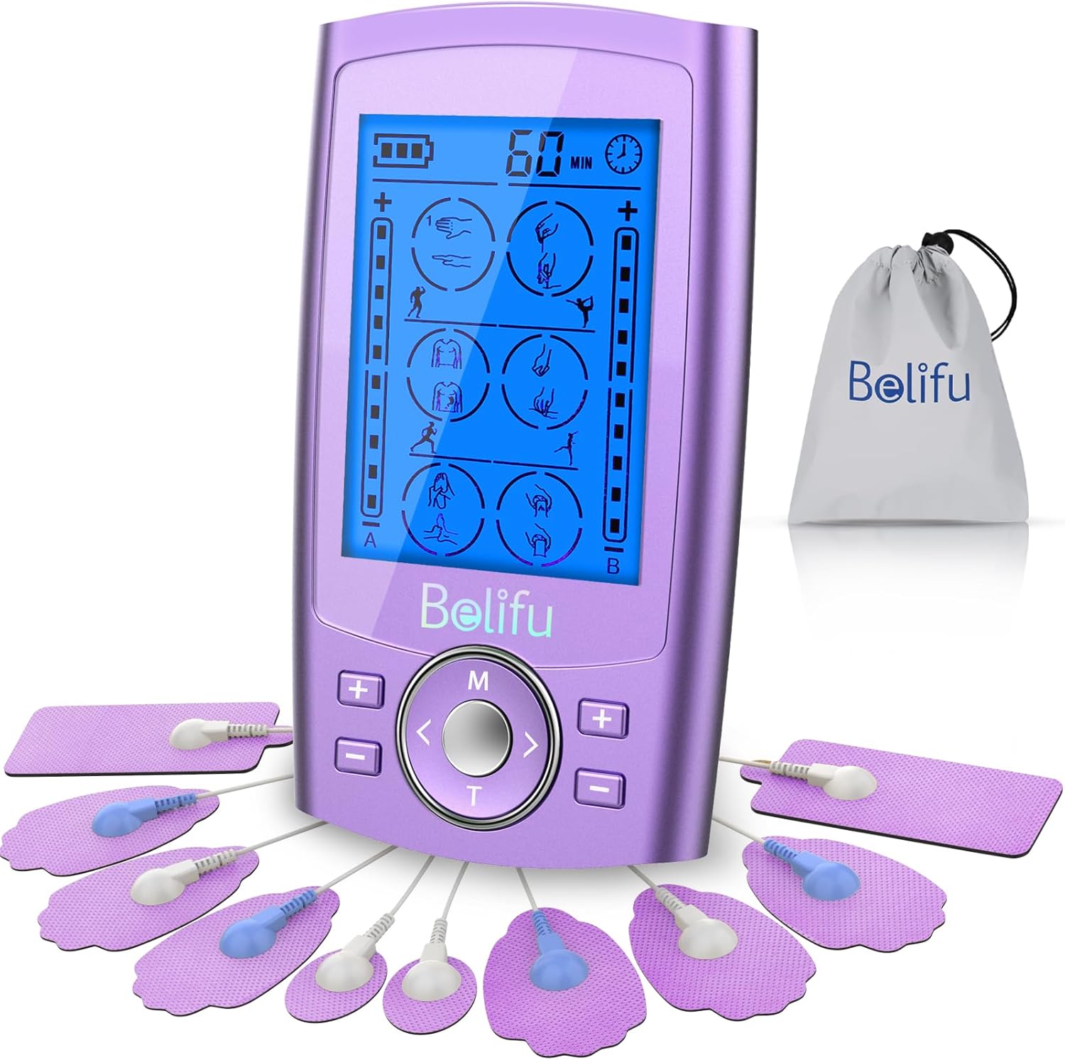 Belfiu TENS & PMS 24 Modes Muscle Stimulator for Pain Relief Therapy, Electronic Pulse Massager Muscle Massager with 10 Pads, Dust-Proof Drawstring Storage Bag, Fastening Cable Ties