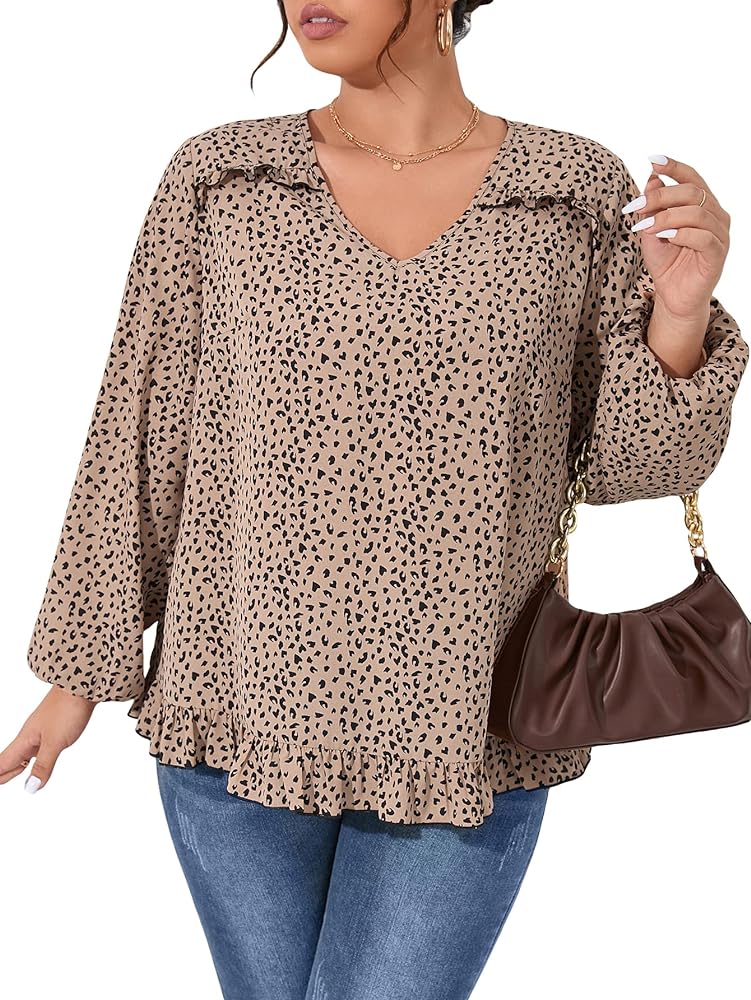 SOLY HUX Women's Plus Size Allover Print V Neck Bishop Long Sleeve Ruffle Hem Blouse Tops