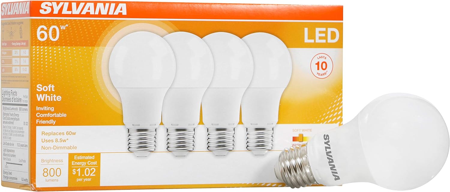 SYLVANIA LED A19 Light Bulb, 60W Equivalent Efficient 8.5W Medium Base, 2700K Soft White, 4 pack