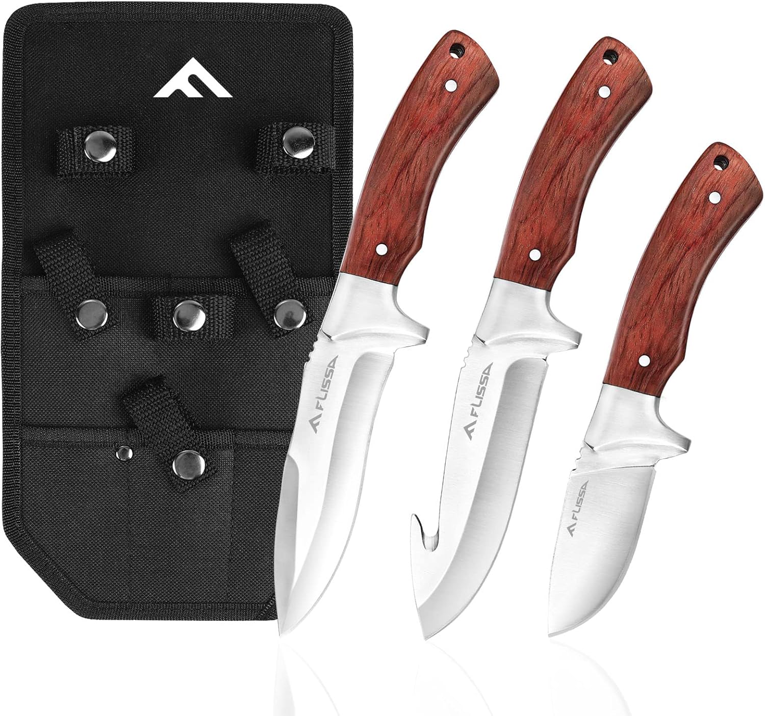 FLISSA Hunting Knife Set, Full Tang Hunting Knife with Sheath, 3-Pieces Fixed Blade Knife, Hunting Survival Knives For Outdoor, Camping, Bushcraft