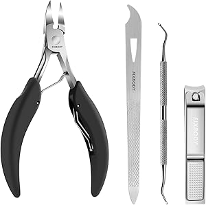 FIXBODY Toenail Clippers Set, Ingrown Toenail Tool Kit, Nail Clippers for Thick Nails, 4 Pieces Stainless Steel Pedicure Tools Kit, Toenail Clippers for Seniors Thick Toenails, Soft Grip Long Handle