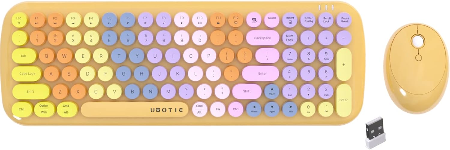 Wireless Keyboards and Mouse Combos, UBOTIE Colorful Gradient Rainbow Colored Retro Typewriter Flexible Keyboard, 2.4GHz Connection and Optical Mouse